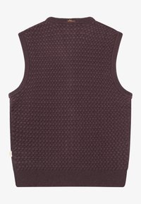 Ärmelloser Strickpullover in Dunkelviolett, mit strukturiertem Muster und geripptem Halsauschnitt. Abgerundet mit einem kleinen Markenetikett am Saum.