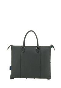 Malette en cuir gris foncé avec deux poignées arrondies et des accessoires en métal argenté sur un fond blanc.