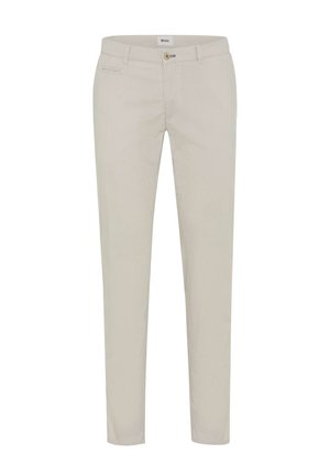 Lyse beige slim-fit bukser med bæltestropper, forreste knap, lynlås og en lille forreste lomme på højre side.