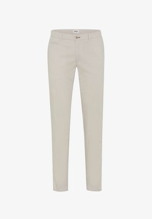 Lyse beige slim-fit bukser med bæltestropper, forreste knap, lynlås og en lille forreste lomme på højre side.