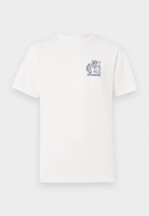 Short-sleeve white t-shirt made of cotton, featuring a blue graphic on the chest of a raccoon next to a trash can and the text "STANCE."