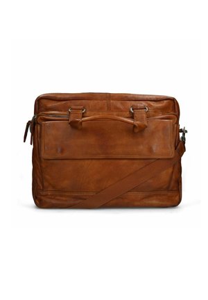 Leather messenger bag in tan, featuring a smooth texture, dual handles, a long shoulder strap, and an exterior zippered pocket.