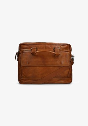 Leather messenger bag in tan, featuring a smooth texture, dual handles, a long shoulder strap, and an exterior zippered pocket.