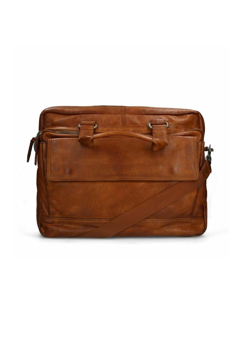 Leder-Umhängetasche in Tan, mit einer glatten Textur, zwei Henkel, einem langen Schultergurt und einer äußeren Reißverschlusstasche.