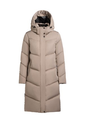 Beżowa kurtka puchowa z kapturem, z wzorem w zygzak i zatrzaskami. Długie rękawy i boczne kieszenie dopełniają projekt.