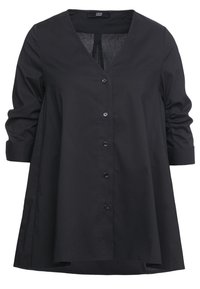 Svart skjorta med knapp-up, V-hals, trekvartslånga ärmar och avslappnad passform. Tillverkad av mjukt tyg med en något texturerad yta.