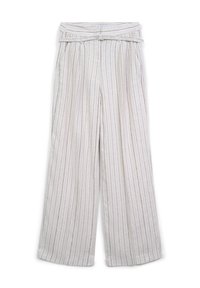 Beige weit geschnittene Hose mit vertikalen weißen Streifen, hoher Taille, Seitentaschen, Falten und passendem dünnen Gürtel mit Schnalle.