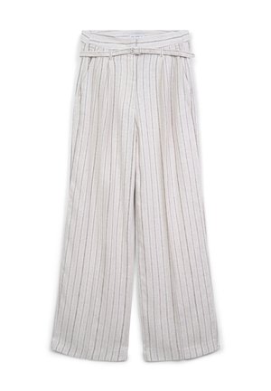 Pantaloni beige a gamba larga con strisce verticali bianche, vita alta, tasche laterali, pieghe e sottile cintura abbinata con fibbia.