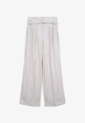 Pantalons larges beiges avec des rayures verticales blanches, taille haute, poches latérales, plis et une fine ceinture assortie avec boucle.
