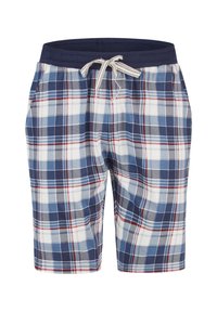 Ruudulliset shortsit, joissa on sinisiä, valkoisia ja punaisia kuvioita; elastinen vyötärö, jossa on nauha; polven pituinen malli; kevyttä kangasta.