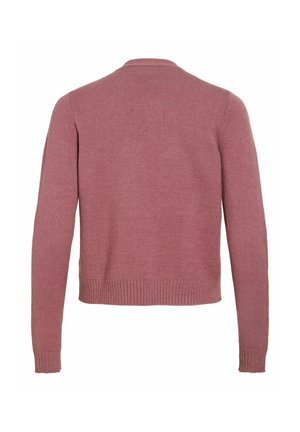 Lawendowy sweter z długim rękawem, wykonany na drutach, z prążkowanymi mankietami i dołem, pokazany od tyłu na białym tle.