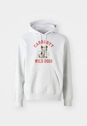 Harmaa huppari, jossa on kengurulaukku, ja siinä on painettu graafinen kuva koirasta sekä "CABHARTT WILD DOGS" punaisella tekstillä.