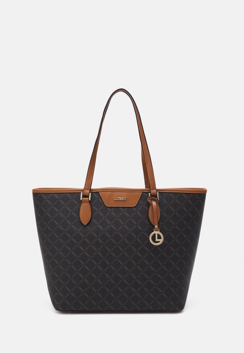 Sac en toile avec un extérieur à motif sombre, des bordures en cuir beige, des poignées doubles et des détails en charme doré.