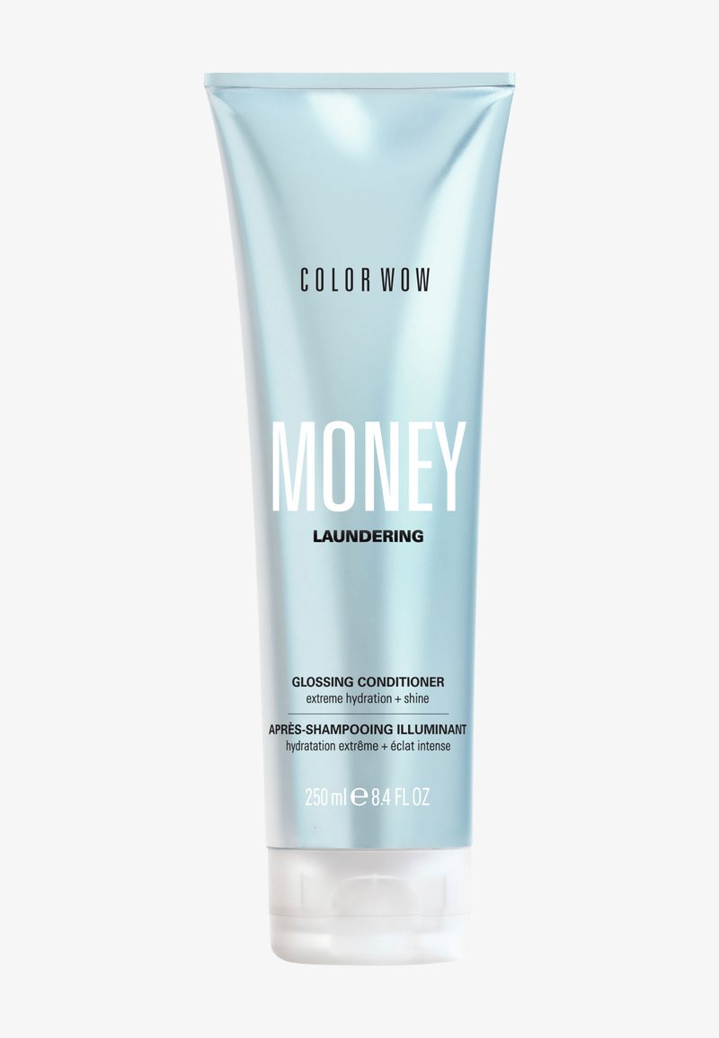 Tube bleu clair du conditioner glossant Color Wow Money Laundering avec hydratation extrême et brillance, 250 ml ou 8,4 fl oz.