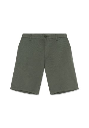 Alyvuogių žalios spalvos šortai iš tekstūruotos medžiagos, su sagos užsegimu ir diržo kilpelėmis; ilgas iki kelių, tiesaus kirpimo ir paprasto dizaino.