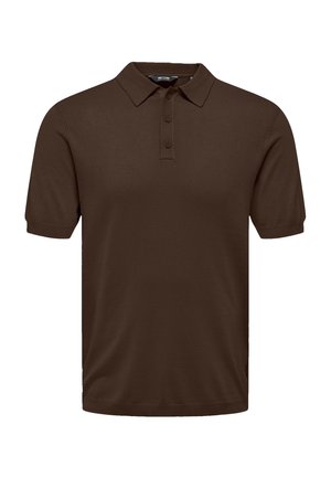 Brun poloshirt med korte ærmer, tre knapper, og ribbet krave og ærmekanter.