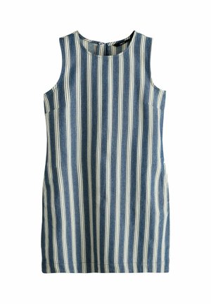 Vestito senza maniche a lunghezza al ginocchio con righe verticali blu e bianche, scollo rotondo e tasche laterali.