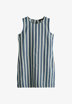 Ujjatlan, térdig érő ruha függőleges kék-fehér csíkokkal, kerek nyakkivágással és oldalsó zsebekkel.