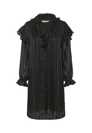 Fekete, hosszú ujjú ruha fodros nyakkivágással és mandzsettákkal, texturált anyagból készült, függőleges csíkokkal és laza szabással.