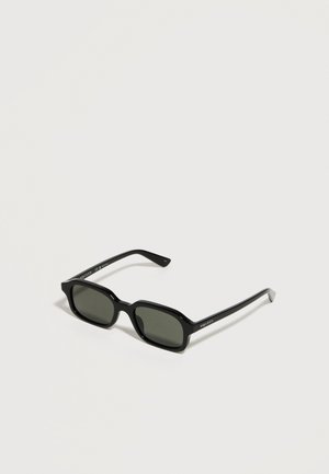 Black rectangular sunglasses with dark lenses and slim arms, displayed on a light neutral background.