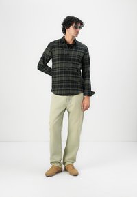Camisa de cuadros negra y verde, abotonada, con mangas largas; pantalones verde claro; lleva gafas de sol; de pie contra un fondo liso.
