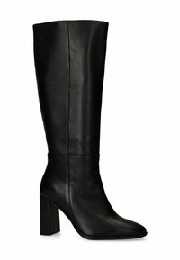 Botte en cuir noir arrivée au genou avec un talon carré, un bout pointu, une texture lisse et des détails de couture minimaux, conçue pour une apparence élégante.