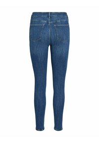 Jeans skinny en denim bleu foncé, avec taille haute, deux poches arrière et coupe ajustée de la taille à la cheville, avec une finition légèrement délavée.