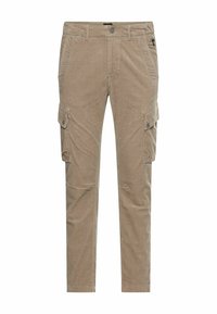 Beige cargo bukser med flere lommer, lige ben-design og knapdetaljer. Fremstillet af bomuld med en blød, struktureret overflade.