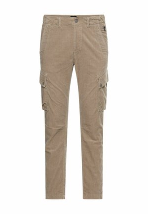 Beige Cargo-Hosen mit mehreren Taschen, geradem Bein und Knopfdetails. Hergestellt aus Baumwolle mit einer weichen, strukturierten Oberfläche.