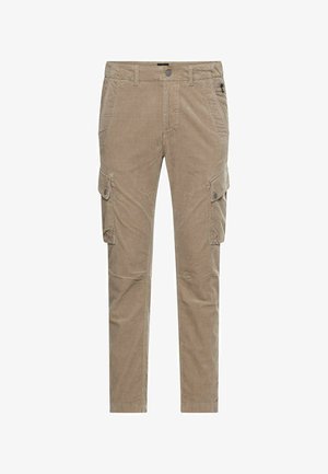 Beige Cargo-Hosen mit mehreren Taschen, geradem Bein und Knopfdetails. Hergestellt aus Baumwolle mit einer weichen, strukturierten Oberfläche.