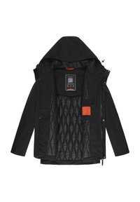 Čierna bunda s kapucňou, s prešívaným čiernym interiérom a oranžovým detailom na vrecku. Zapína sa na zips a patentky.