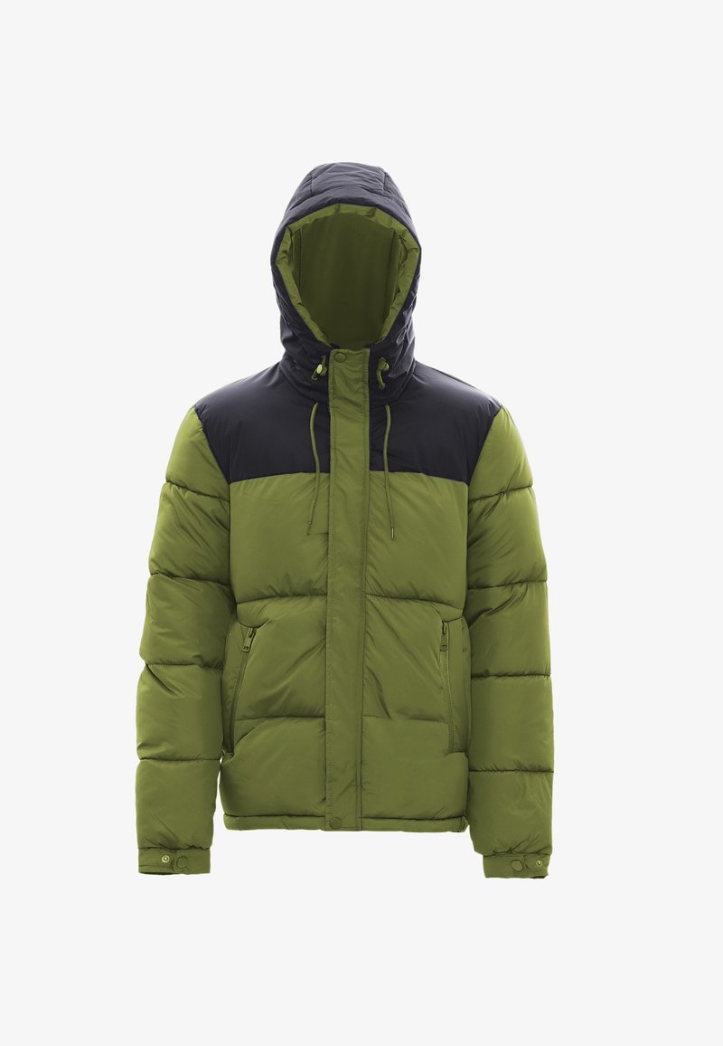 Grüne und schwarze Pufferjacke mit Kapuze, mit einem Reißverschluss vorne, Seitentaschen und einem gesteppten Design. Der obere Teil ist schwarz, der untere grün.