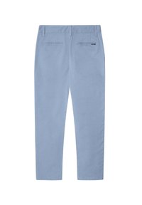 Helle blaue Hose aus Baumwollmischgewebe. Verfügt über zwei Gesäßtaschen, gerades Bein-Design und eine glatte Textur.