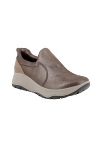 Scarpe slip-on in pelle metallica marrone, con suola imbottita, punta arrotondata e dettagli testurizzati sul tallone. Suola in gomma per una migliore aderenza.