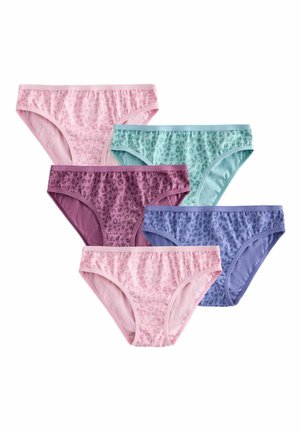 Fünf Paar Damen-Bikiniunterwäsche in Pastellrosa, Lila, Blau, Türkis und Flieder mit dezenten Leopardenmustern.