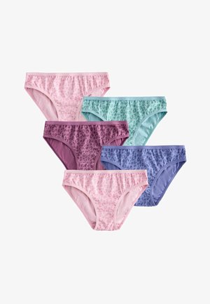 Fem par damebikiniundertøj i pastelfarverne lyserød, lilla, blå, grønblå og lyserød med subtile leopardmønstre.