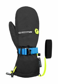 Schwarze Handschuhe mit einem Heat Capture System-Label, verstellbarem blauen Riemen mit Schnalle und neongelben Akzenten am Bündchen und der Zugkordel.