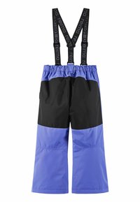 Pantaloni da neve impermeabili per bambini in viola e nero, con bretelle regolabili, vita elastica e gambe larghe con un design a blocchi di colore.