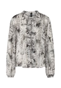 Transparente Bluse mit einem Rüschenausschnitt und langen Ärmeln. Bedruckt in Schwarz und Weiß mit Skizzen von urbanen Landschaften.