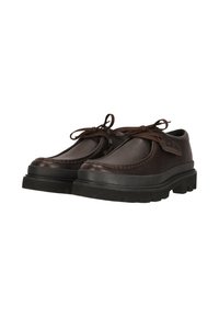 Scarpe casual in pelle marrone scuro con lacci, suole in gomma nera spessa, punte arrotondate e cuciture visibili lungo i bordi.