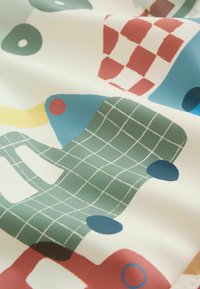 Mustriline kangas, millel on rohelised, sinised, punased ja mustad kõverad kujundid, ruudustiku ja täpilise mustriga heledal taustal.