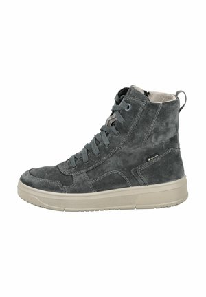 Baskets montantes en suede gris avec une finition texturée, dotées d'une semelle en caoutchouc beige et de lacets ton sur ton, d'un logo sur le côté et d'un col rembourré.