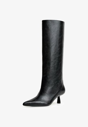 Črne gležnjeke do kolen, narejene iz strukturirane usnje. Imajo koničast toe in majhen, razširjen peto. Eleganten, gladek dizajn z minimalnimi poudarki.