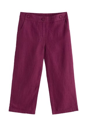 Naiste kärbitud püksid sügavates ploomitoonides, laiade säärtega, esitaskutega ja kolme nööbiga vöökohal.