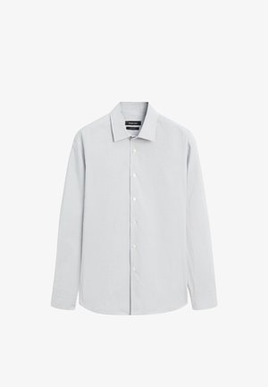 Chemise pour homme à manches longues avec boutons, à fines rayures verticales gris clair et blanches, et col classique.