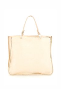 Borsa tote in pelle crema con una texture morbida, forma rettangolare, manici superiori e dettagli di cucitura a contrasto. Vista frontale, senza hardware visibile.