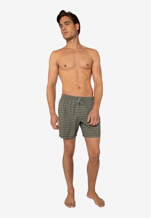 Shorts de bain pour hommes en vert olive avec des rayures horizontales grises claires. Taille élastique avec cordon de serrage. Tissu léger.