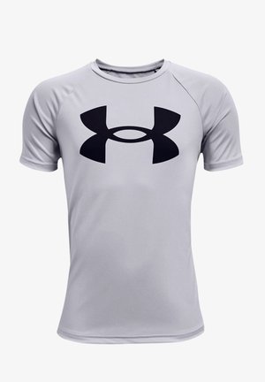 Svetlo šedé športové tričko s krátkymi rukávmi, na prednej strane s veľkým čiernym logom Under Armour. Hladká tkanina, ktorá odvádza vlhkosť.