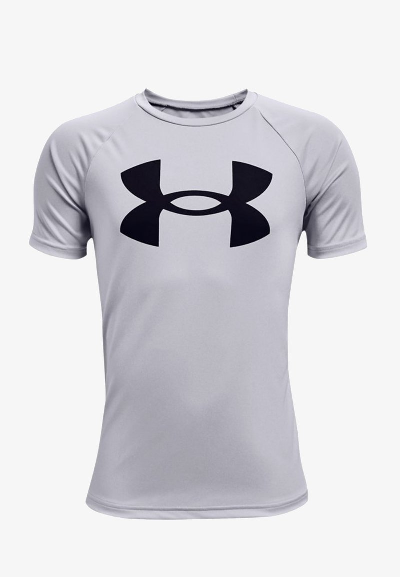 Lys grå atletisk T-shirt med korte ærmer, prydet med et stort sort Under Armour-logo på forsiden. Glat, fugttransporterende stof.
