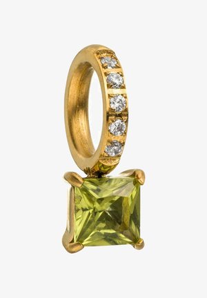 Goldener Anhänger mit fünf kleinen klaren Steinen in der Öse und einem quadratisch geschliffenen grünen Edelstein, der darunter von vier Krappen gehalten wird.
